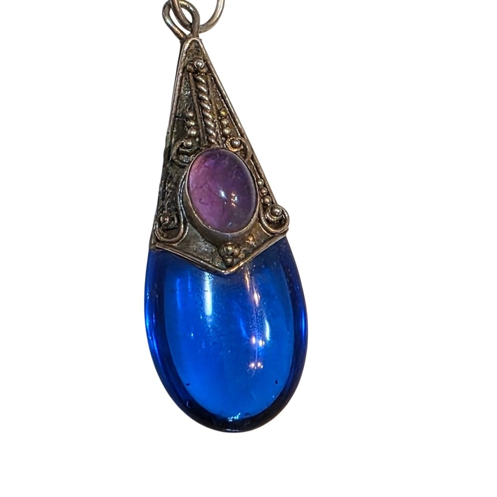 Vintage Sterling Silver 925 Cobalt Blue Glass Amethyst Teardrop Necklace 24"